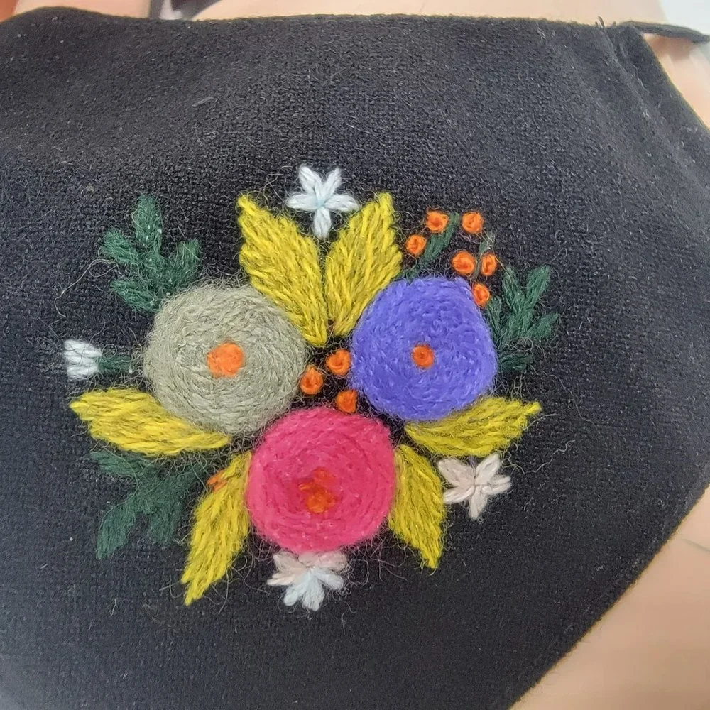New Face cover ear loop black Mask Women's Embroidered handmade bouquet flowers